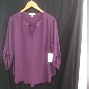 NWT CHAUS New York Pullover XL Women’s plum Martini V-Neck Long Sleeve Roll Tab